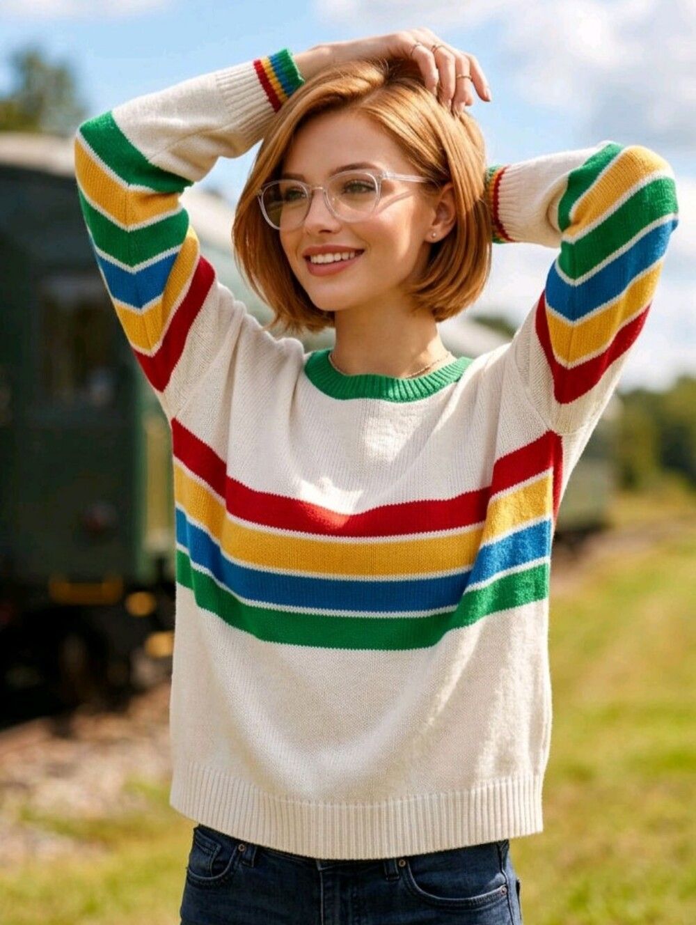 🔥NWT Cream & Rainbow Striped Knit Long Sleeve Sweater Small/Medium